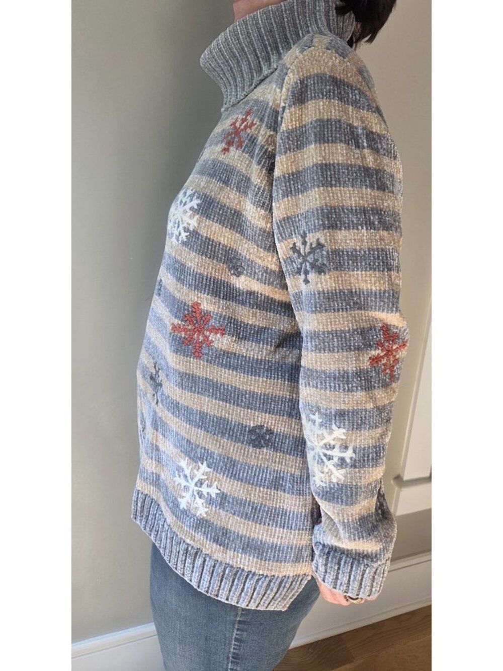 Coldwater Creek Luxe Chenille Turtleneck Sweater Gray Tan Snowflake Holiday 1X - Picture 4 of 10